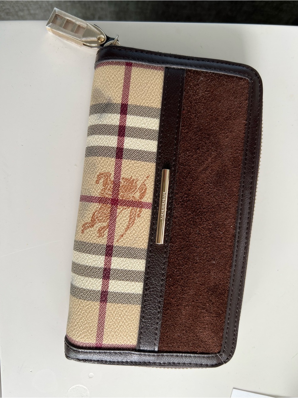 Authentic Burberry Plaid Zip Wallet with Suede and Leather Trim